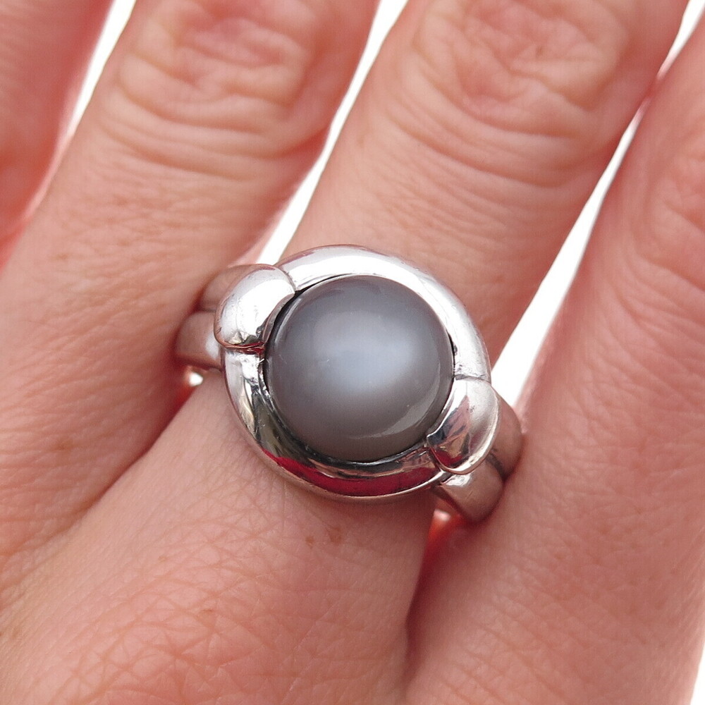 925 Sterling Silver Real Cat's Eye Modernist Oxidized Ring Size 10